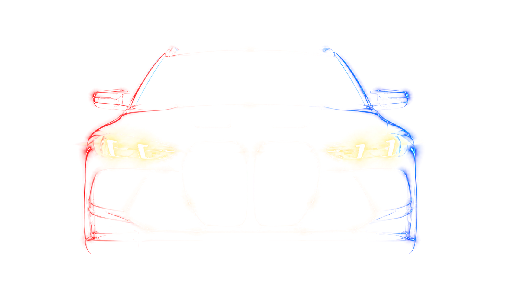 The front of a car drawn as a red and blue outline, headlights lit.